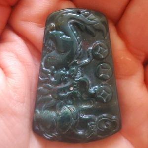 New Artisan Hand Carved Indian Agate Dragon Pendant.